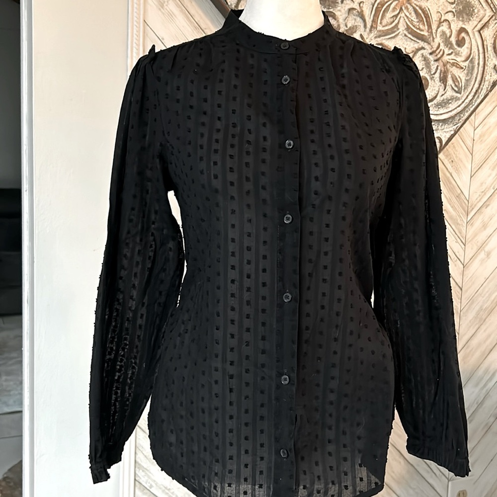 J. CREW BUTTON FRONT COLLARLESS SHIRT in SWISS DOT COTTON Size XS BLACK